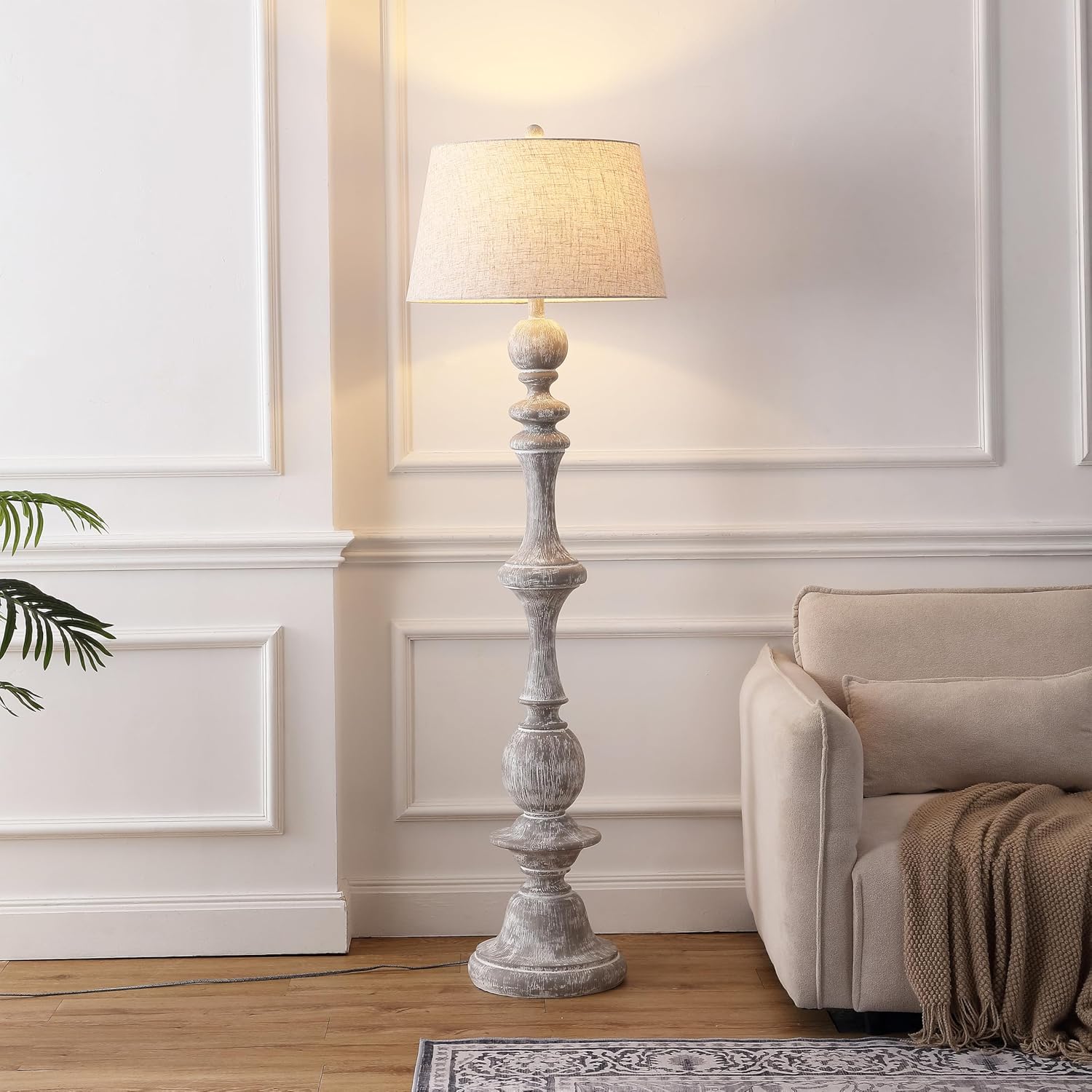 JONATHAN Y 67' Wash Gray Resin Candlestick Floor Lamp Farmhouse Rustic Traditional Standing Lamp for Living Room with Wash Gray Linen Empire Shade LED Bulb Included JYL3000C