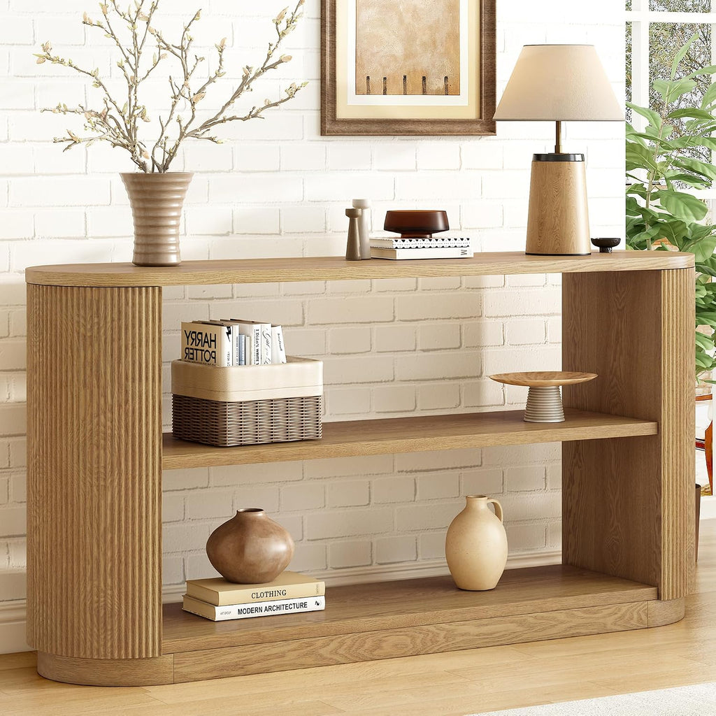 Modern Curved Console Table 59-Inch Oval Fluted Entry Sofa Table with Open Storage Shelves for Living Room Entryway Hallway Furniture, Natural
