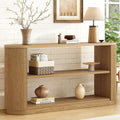 Modern Curved Console Table 59-Inch Oval Fluted Entry Sofa Table with Open Storage Shelves for Living Room Entryway Hallway Furniture, Natural