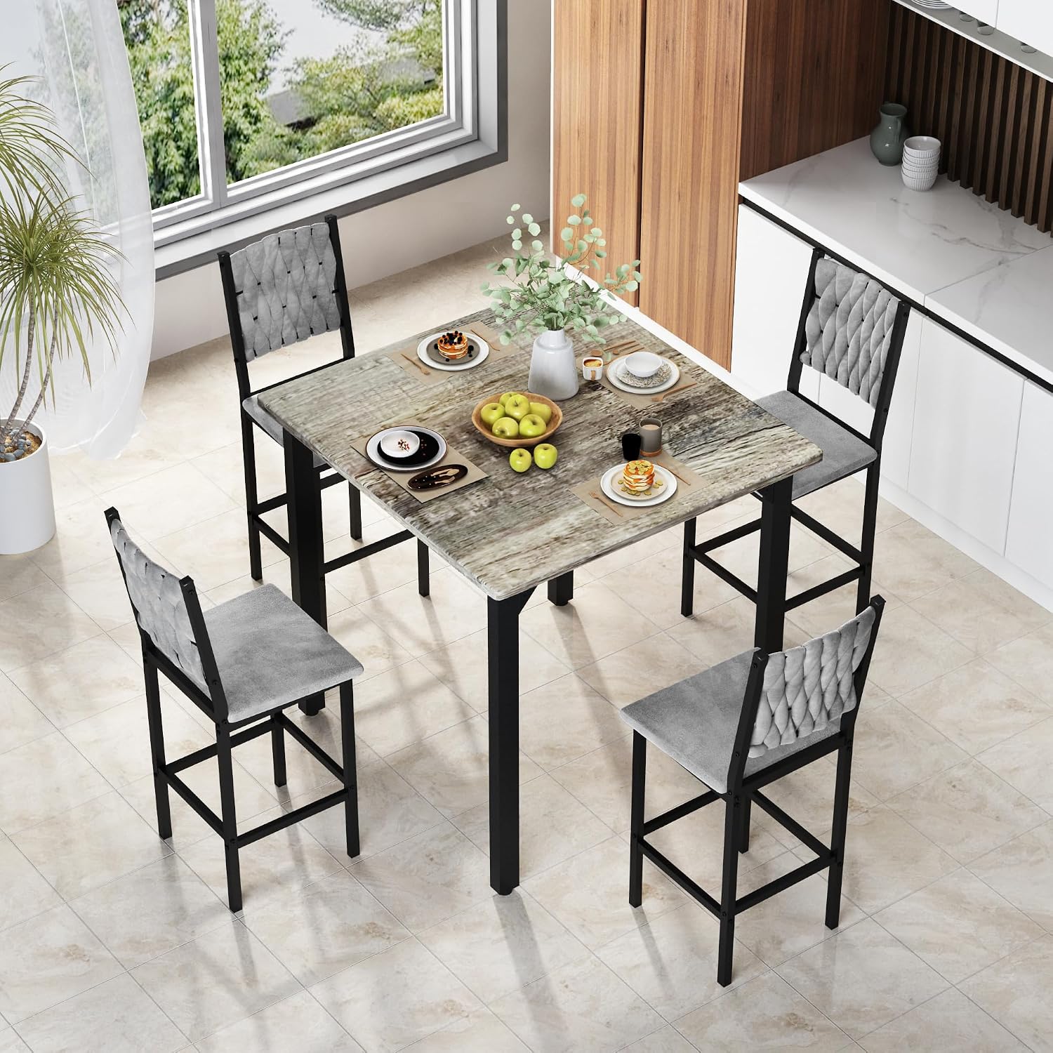 AWQM 5-Piece Dining Table Set, Dining Table Set for 4, Counter Height Table & 4 Velvet Bar Stools, Modern Kitchen Dining Set, Compact Dining Set for Small Spaces (Gray & Velvet Chairs)