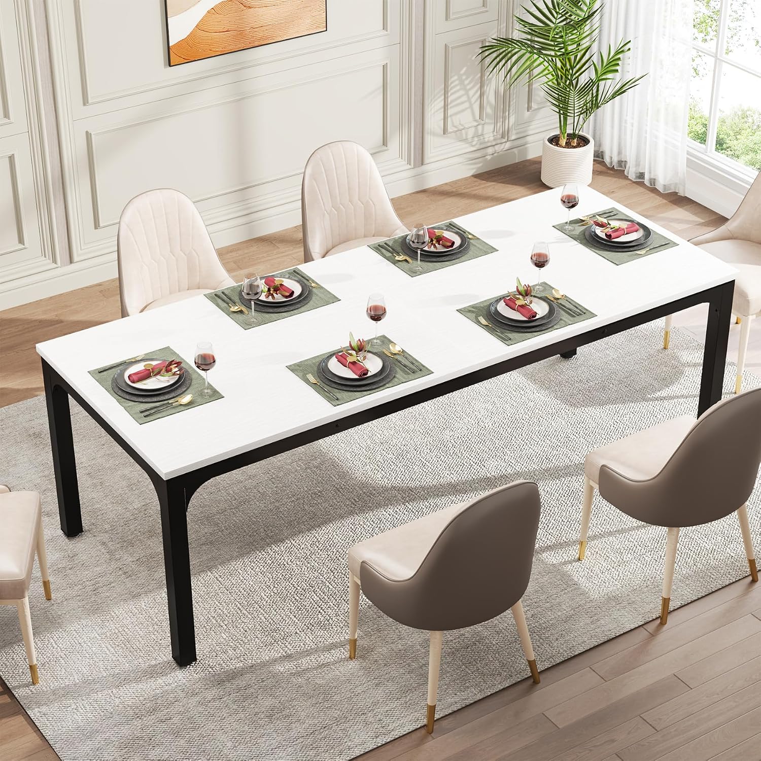 Tribesigns Dining Table for 6-8 People, 78-Inch Long Narrow Rectangular Dinner Table, 8 Seat Wood Kitchen Furniture for Dining Room (White+Black)