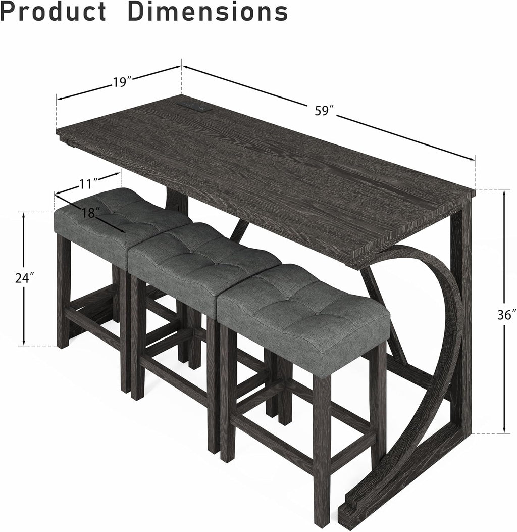 allamazing 4-Piece Counter High Bar Table Set with Socket and 3 Fabric Padded Bar Stools, Tall Kitchen Breakfast Nook with Stool, Black