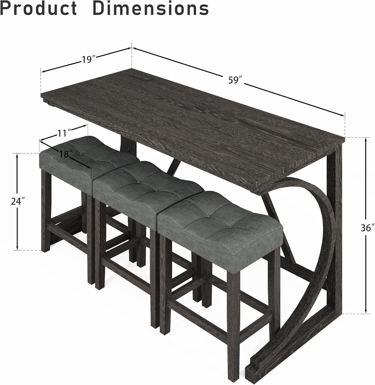 allamazing 4-Piece Counter High Bar Table Set with Socket and 3 Fabric Padded Bar Stools, Tall Kitchen Breakfast Nook with Stool, Black