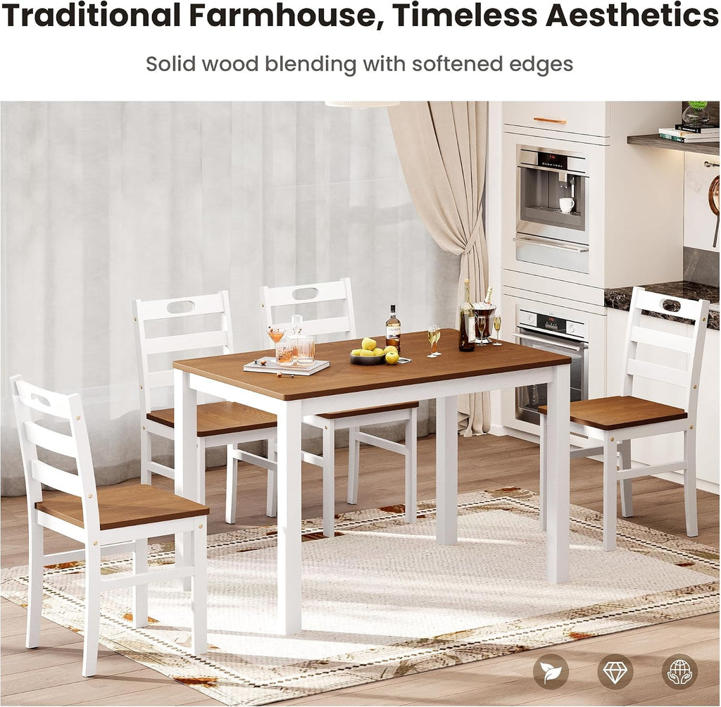 PHI VILLA Dining Table Set for 4, Solid Wood Farmhouse Kitchen Table Chairs Set of 4, 5 Piece Space-Saving Dining Room Table Set for Apartment, American Walnut& White