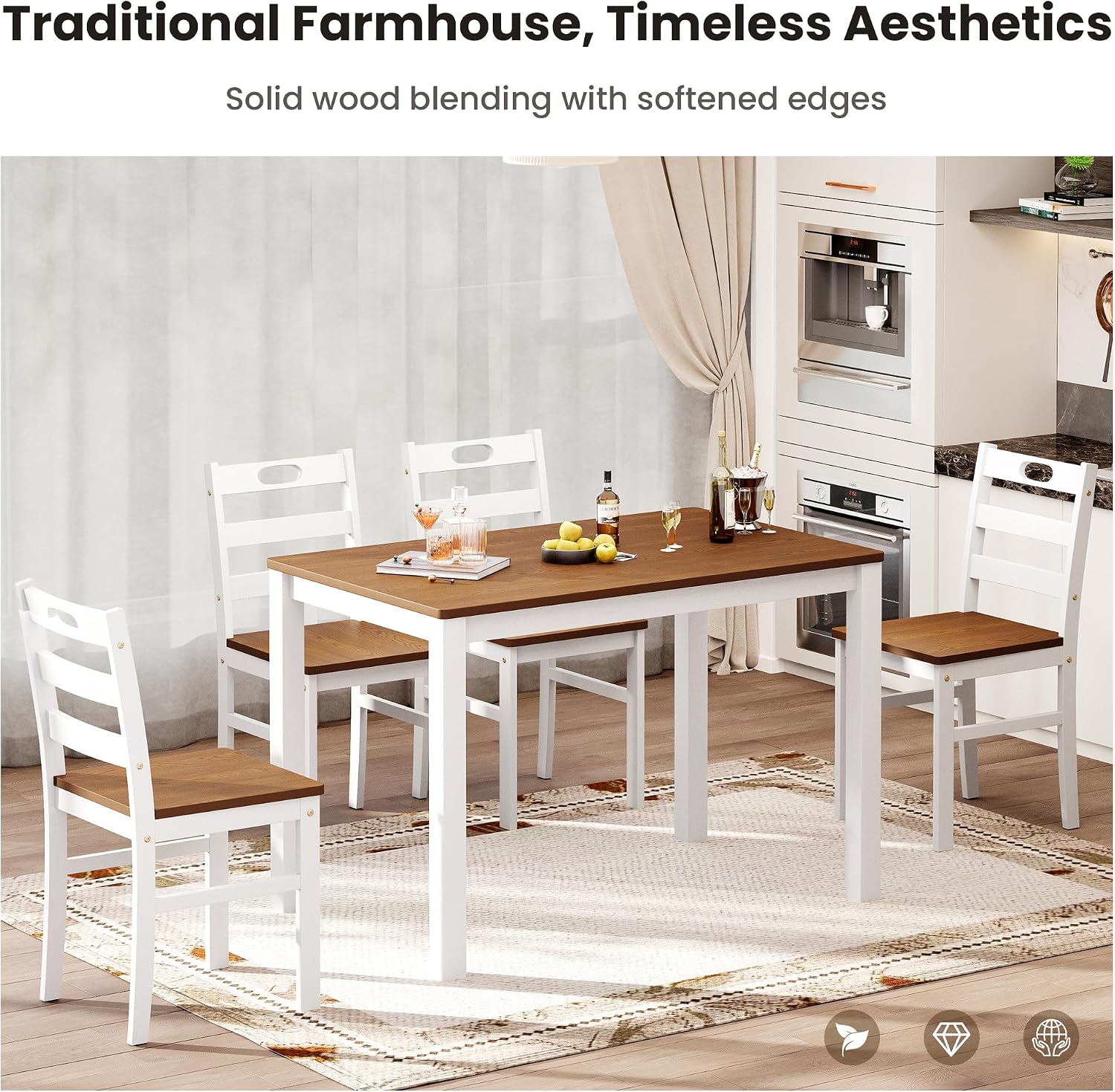 PHI VILLA Dining Table Set for 4, Solid Wood Farmhouse Kitchen Table Chairs Set of 4, 5 Piece Space-Saving Dining Room Table Set for Apartment, American Walnut& White