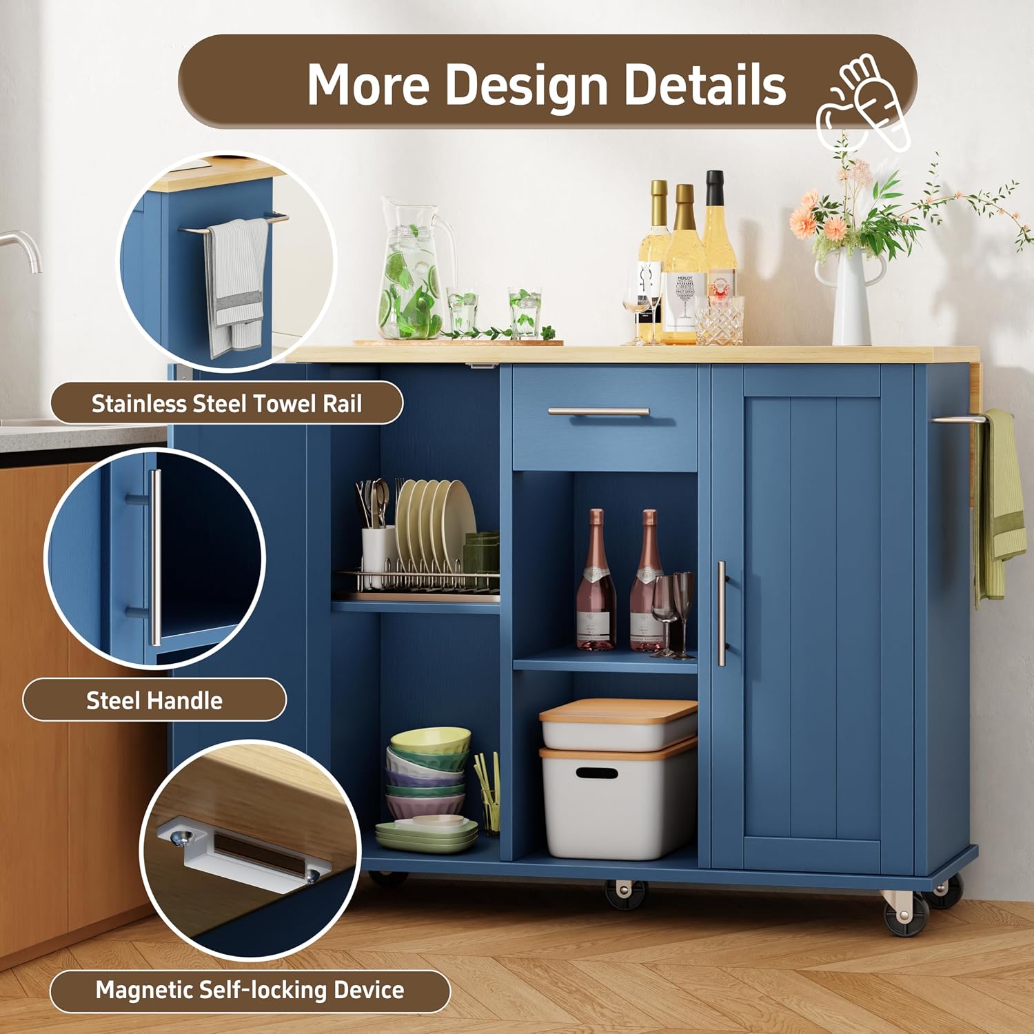 Shintenchi Kitchen Island with Storage, Bar Cart Cabinet Island Table on Wheels, Rolling Microwave Cart for Kitchen with Drop Leaf, Drawers, Towel Rack, Seating Area for Dining Room, Blue