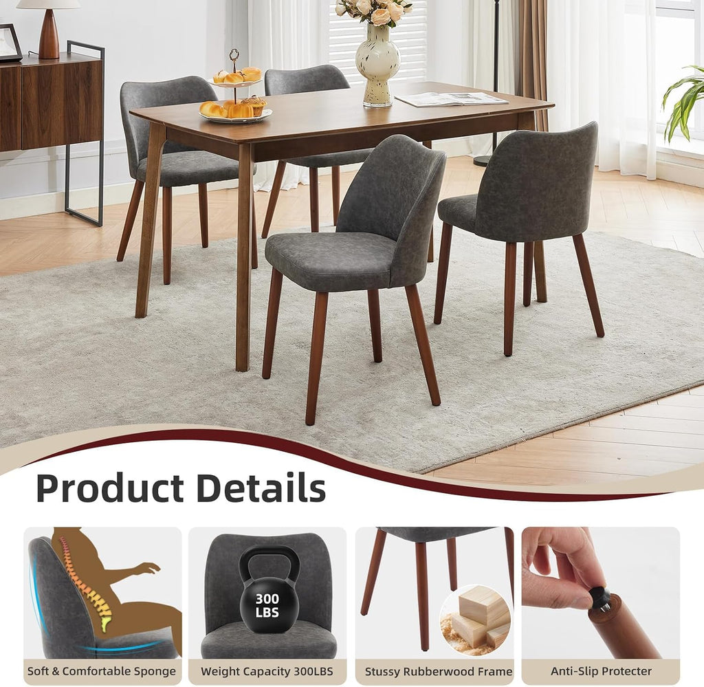 GarveeHome Wooden Dining Chair Set of 4 Upholstered Leather Dining Chair with Wood Legs, Wing Backrest, Wooden Kitchen Chairs with Thick Cushions, Leveling Feet for Dining Room, Living Room, Dark Grey