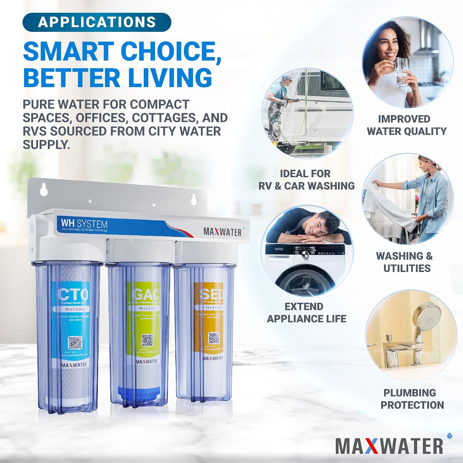 Max Water 3 Stage (Good for City Water) 10 inch Standard Water Filtration System for Whole House - Sediment + GAC + CTO Post Carbon - ¾ Inlet/Outlet - Model : WH-SC2