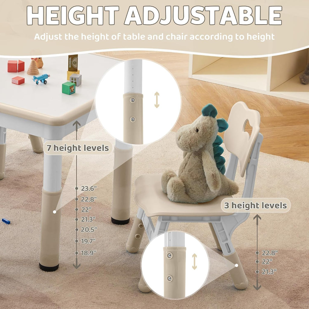 Adjustable Kids Table & Chairs Set for Ages 3-8 | 31.5'x23.6' Easy-Clean Activity Table | Meets ASTM/CPSC Standards for Daycare, Homeschool & Playroom (Natural, 4 Chairs)