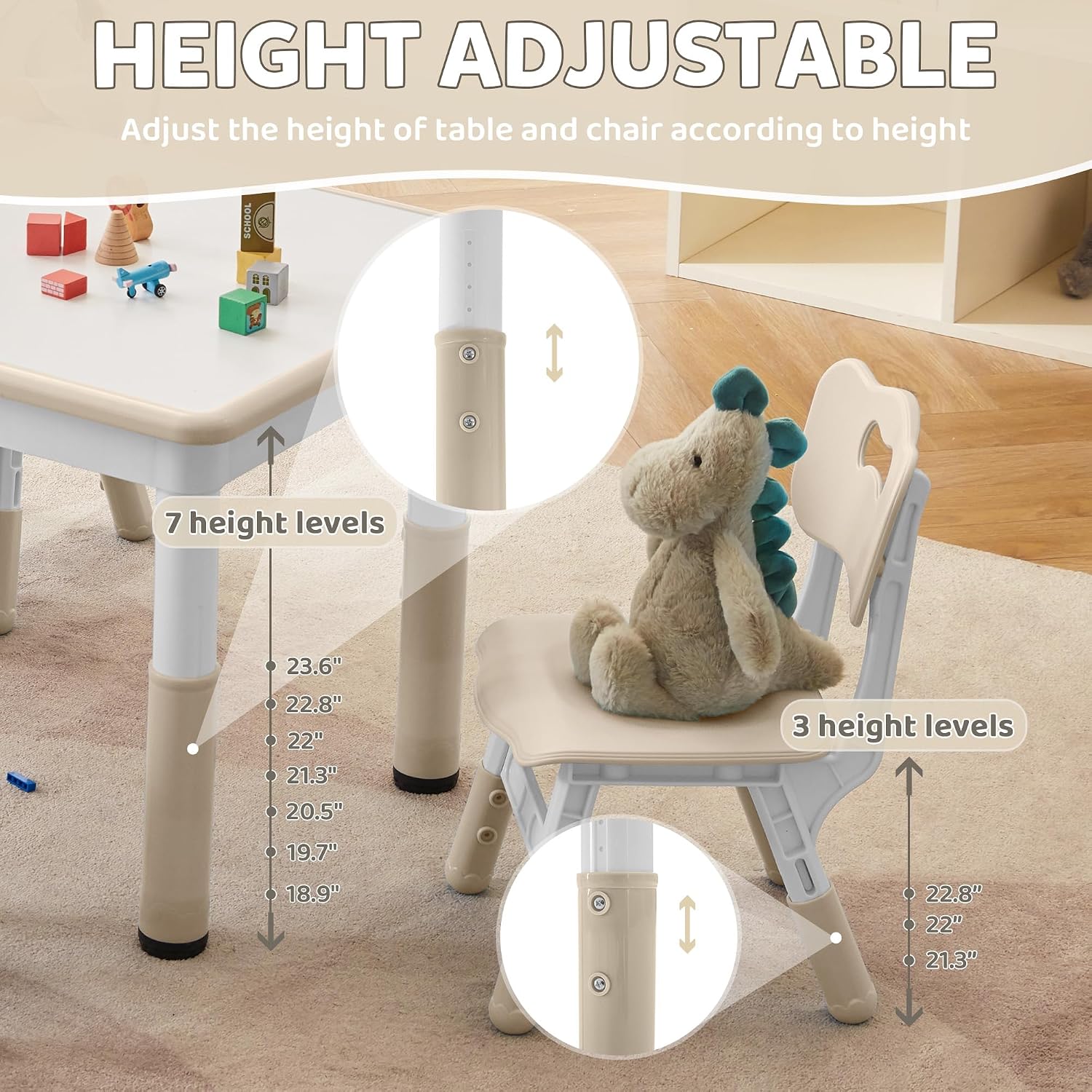 Adjustable Kids Table & Chairs Set for Ages 3-8 | 31.5'x23.6' Easy-Clean Activity Table | Meets ASTM/CPSC Standards for Daycare, Homeschool & Playroom (Natural, 4 Chairs)