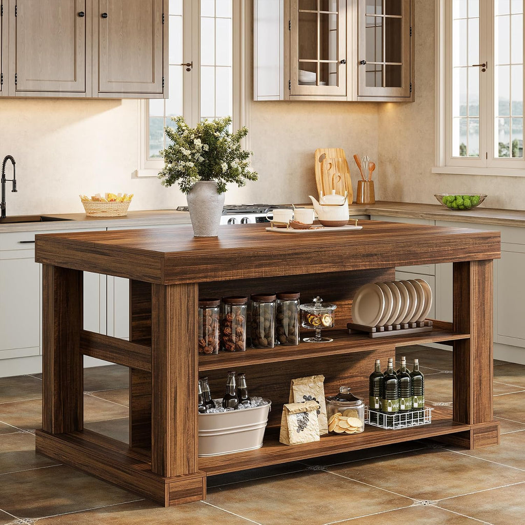 Tribesigns Bar Table, 55-Inch Counter Height Pub Table with Storage Shelves, High Top Kitchen Dining Table, Rectangle Wood Home Bar Unit for Dining Room, Bistro, Dark Brown