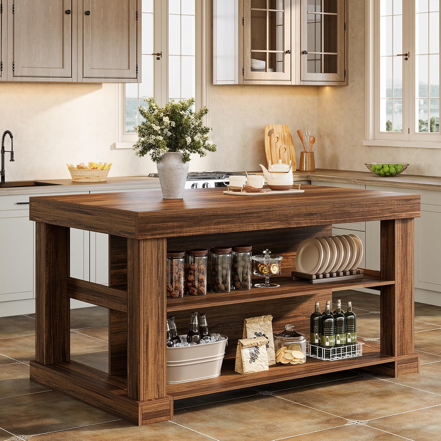 Tribesigns Bar Table, 55-Inch Counter Height Pub Table with Storage Shelves, High Top Kitchen Dining Table, Rectangle Wood Home Bar Unit for Dining Room, Bistro, Dark Brown