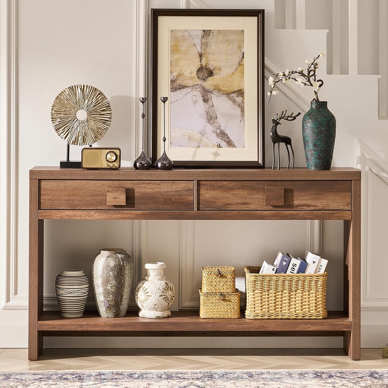 ONBRILL Console Table with Drawers, 55 Inch Narrow Entryway Table with Open Storage Shelves, Mid Century Modern Hallway Accent Tables Behind Couch Table for Living Room (Vintage Brown)