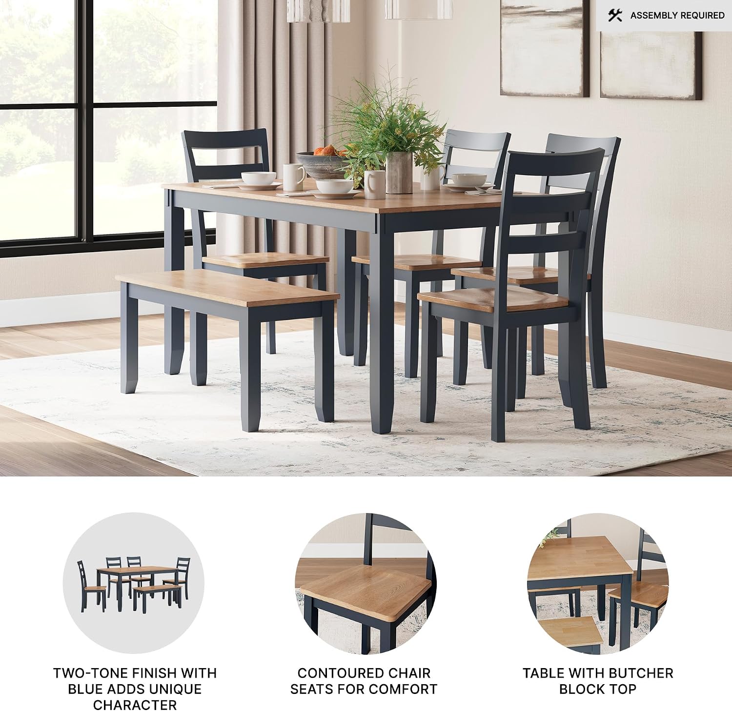 Signature Design by Ashley Gesthaven Casual Dining Room Table Set with 4 Chairs and Bench, Set of 6, Mango Wood, 30.25' Table Height, Blue & Light Brown