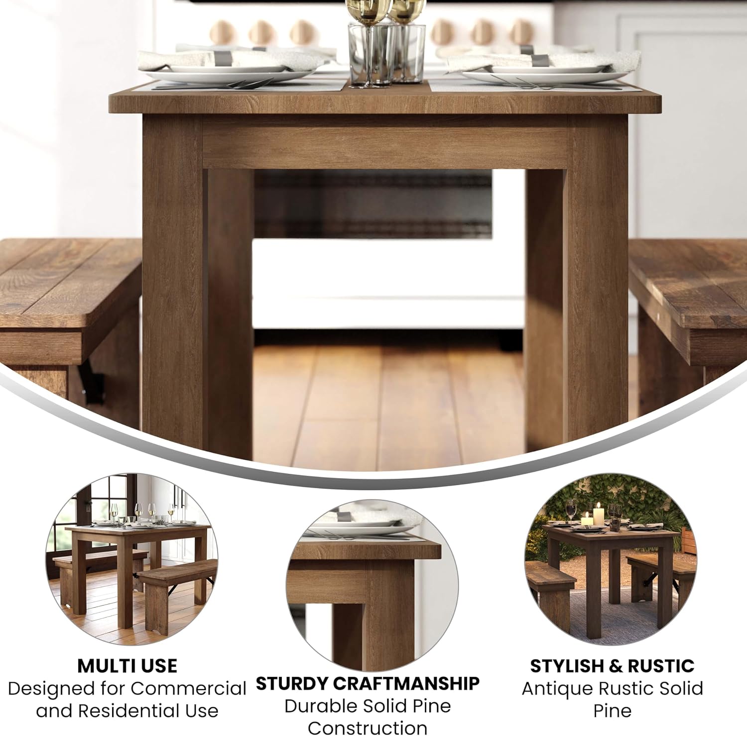 Merrick Lane Jessamine 46' x 30' Rectangular Rustic Solid Pine Farm Dining Table, Antique Farmhouse Wooden Dining Table for Kitchens and Parties, Antique Rustic