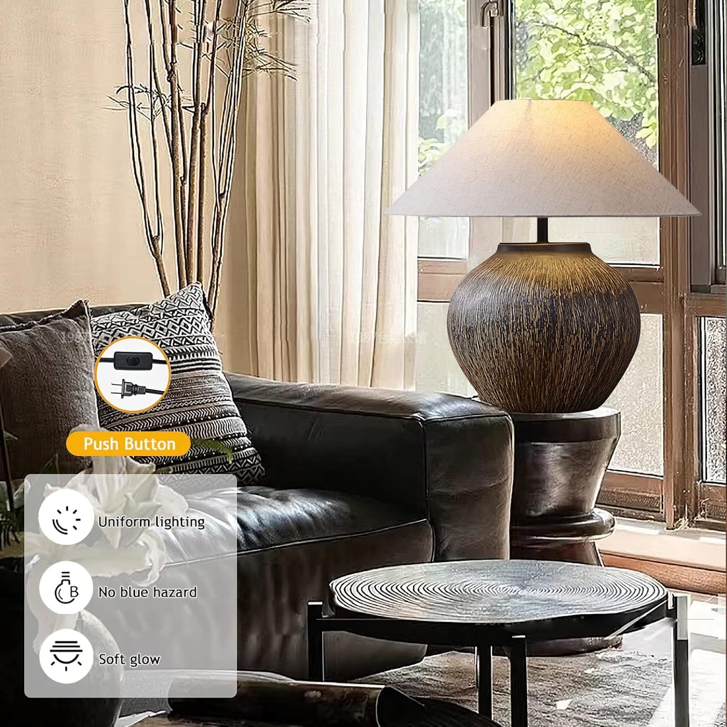 Rustic Farmhouse Table Lamp 20.8' Neutral Ceramic Table Lamp Brown White Checkered Ceramic with Linen Drum Shade Decor Bedside Nightstand for Living Room Bedroom (Small)