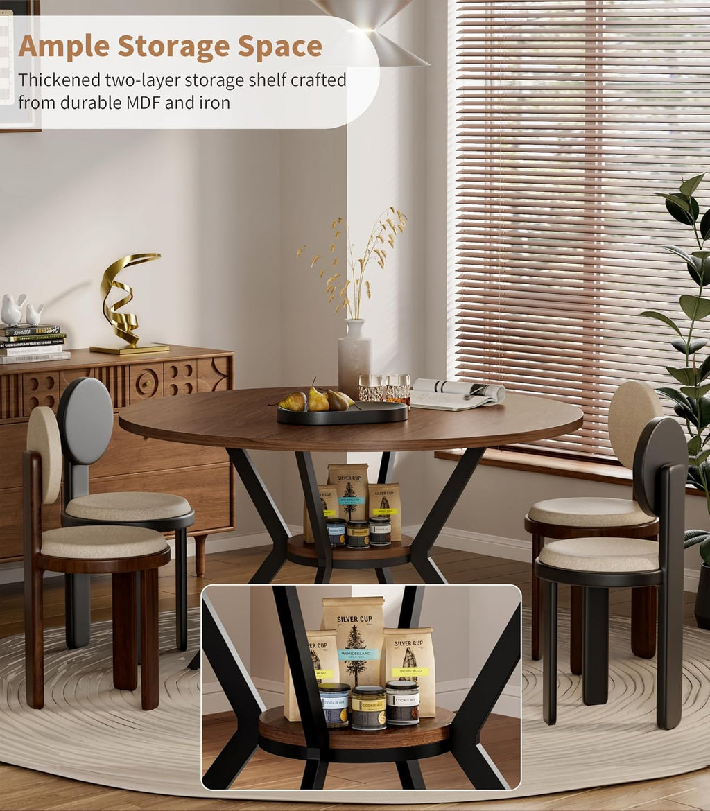 42' Round Dining Table for 4, Farmhouse Kitchen Table with Storage, Space Saving Circle Dinner Table, Rustic Wood Kitchen & Dining Room Tables with Metal Legs for Kitchen, Living Room, Dining Room