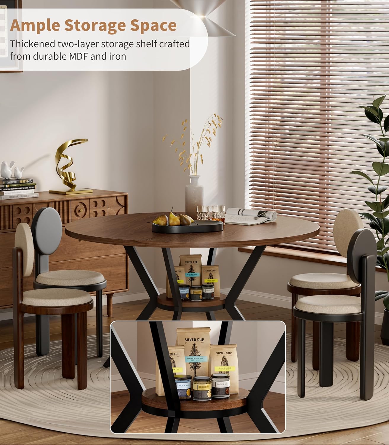 42' Round Dining Table for 4, Farmhouse Kitchen Table with Storage, Space Saving Circle Dinner Table, Rustic Wood Kitchen & Dining Room Tables with Metal Legs for Kitchen, Living Room, Dining Room