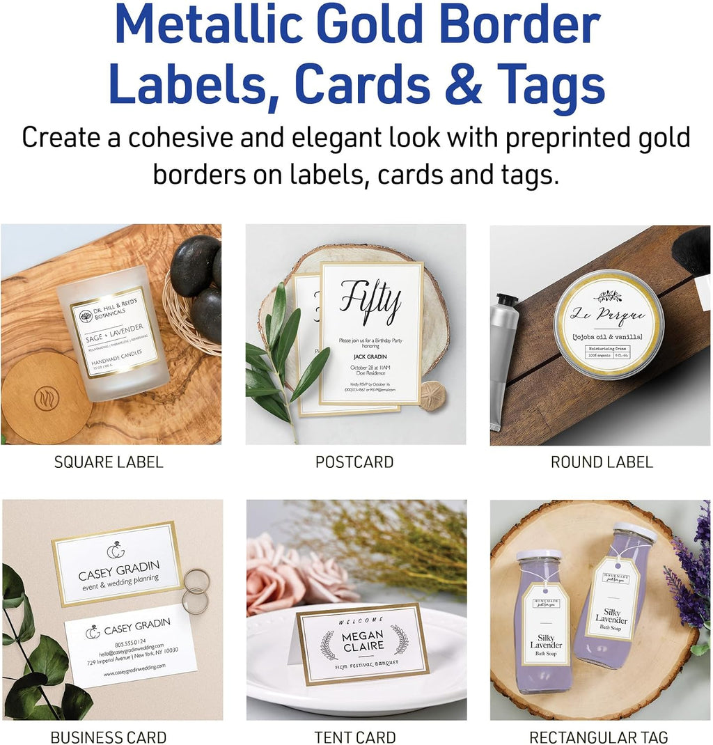 AVERY Tent Cards Metallic Gold Border 2 x 3.5 Inch | White Cardstock | Pre-scored | For Laser & Inkjet Printers | 80 Cards, Pack of 5