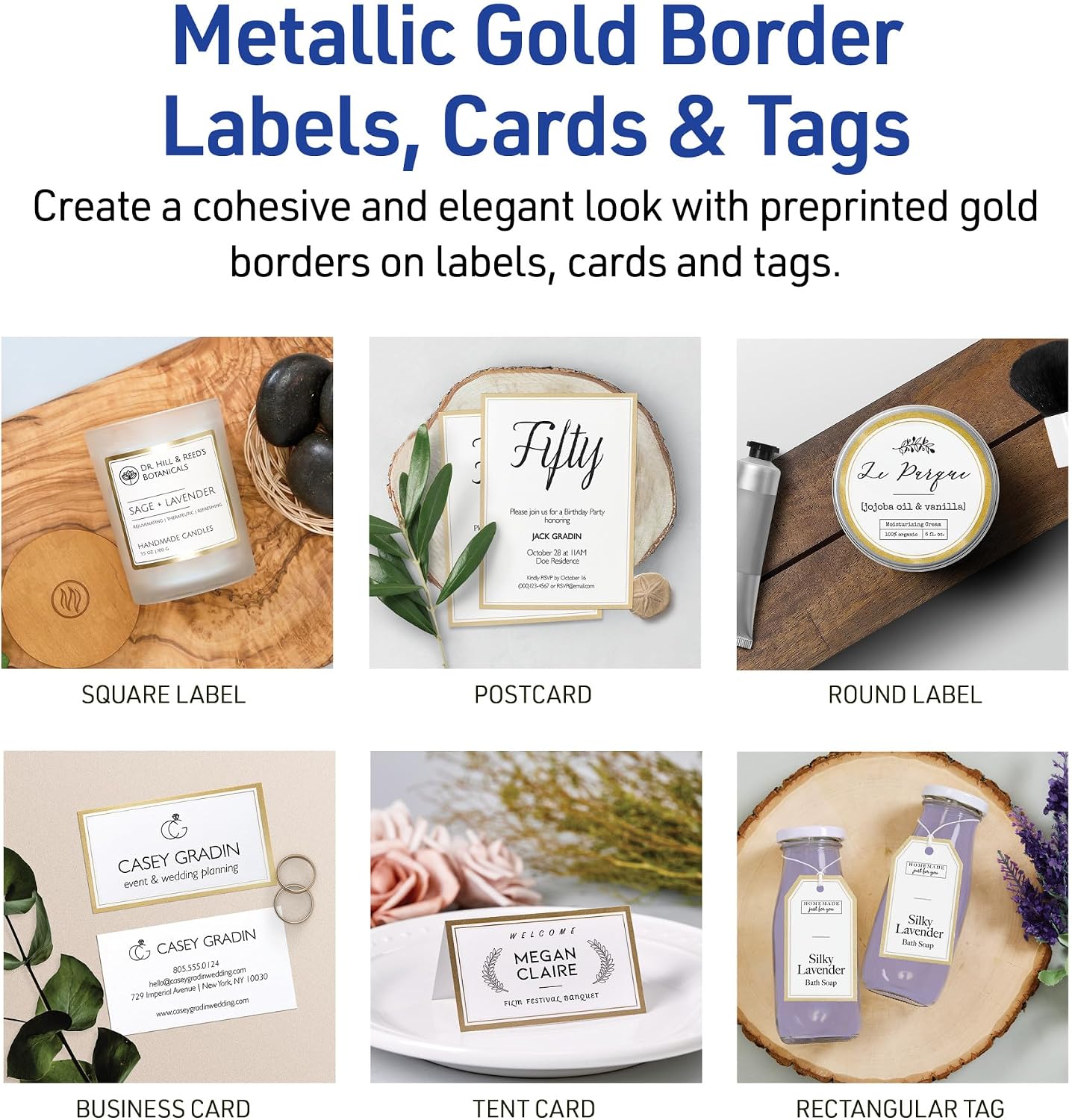 AVERY Tent Cards Metallic Gold Border 2 x 3.5 Inch | White Cardstock | Pre-scored | For Laser & Inkjet Printers | 80 Cards, Pack of 5