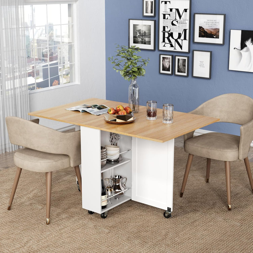 3imothrix Folding Dining Table, Dinner Table with Drawer and Storage and Shelves, Space Saving Dining Table with 6 Wheels, Kitchen Table for Small Spaces (Light Brown)