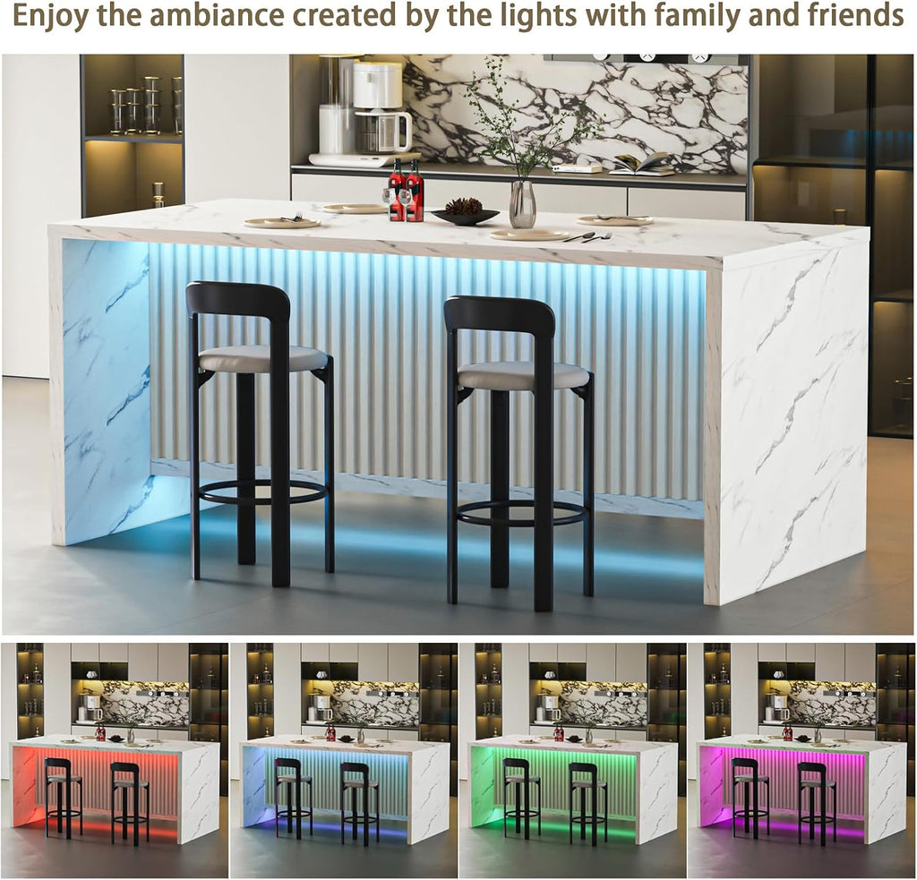 71'' Large Faux Marble Dining Table for 6 People, 37.4''H Tall Modern Kitchen Island with LED Lights, Rectangle Kitchen Dining Table for Home