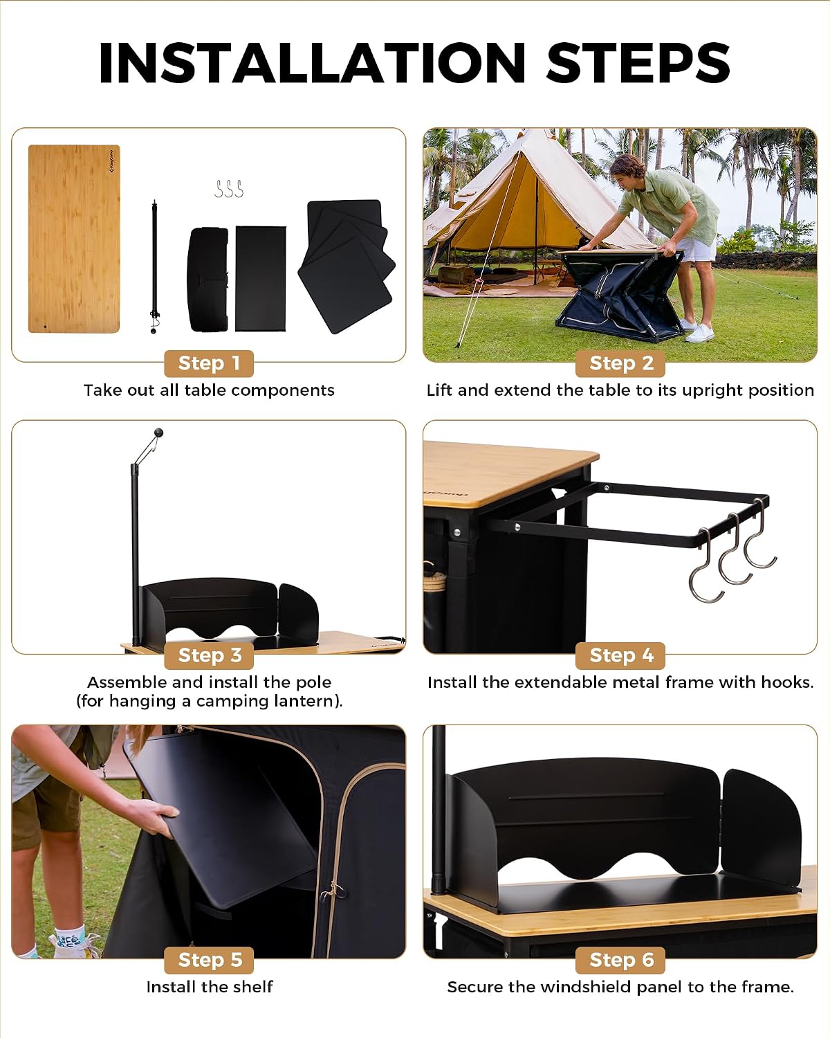 KingCamp Bamboo Camp Kitchen Station, Folding Overland Camping Kitchen Table Hooks Portable Outdoor Cooking with Adjustable Lantern Pole & Windshield Storage Organizer for Tailgating BBQ Picnic RV