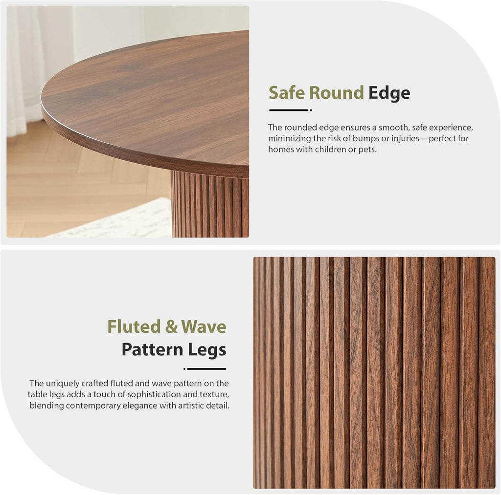 31.5' Round Dining Table for 2-4, Modern Farmhouse Kitchen Table with 2-Tier Storage Shelf, Small Wooden Circle Dining Tables with Fluted Base for Home Dining Room Living Room (Walnut)