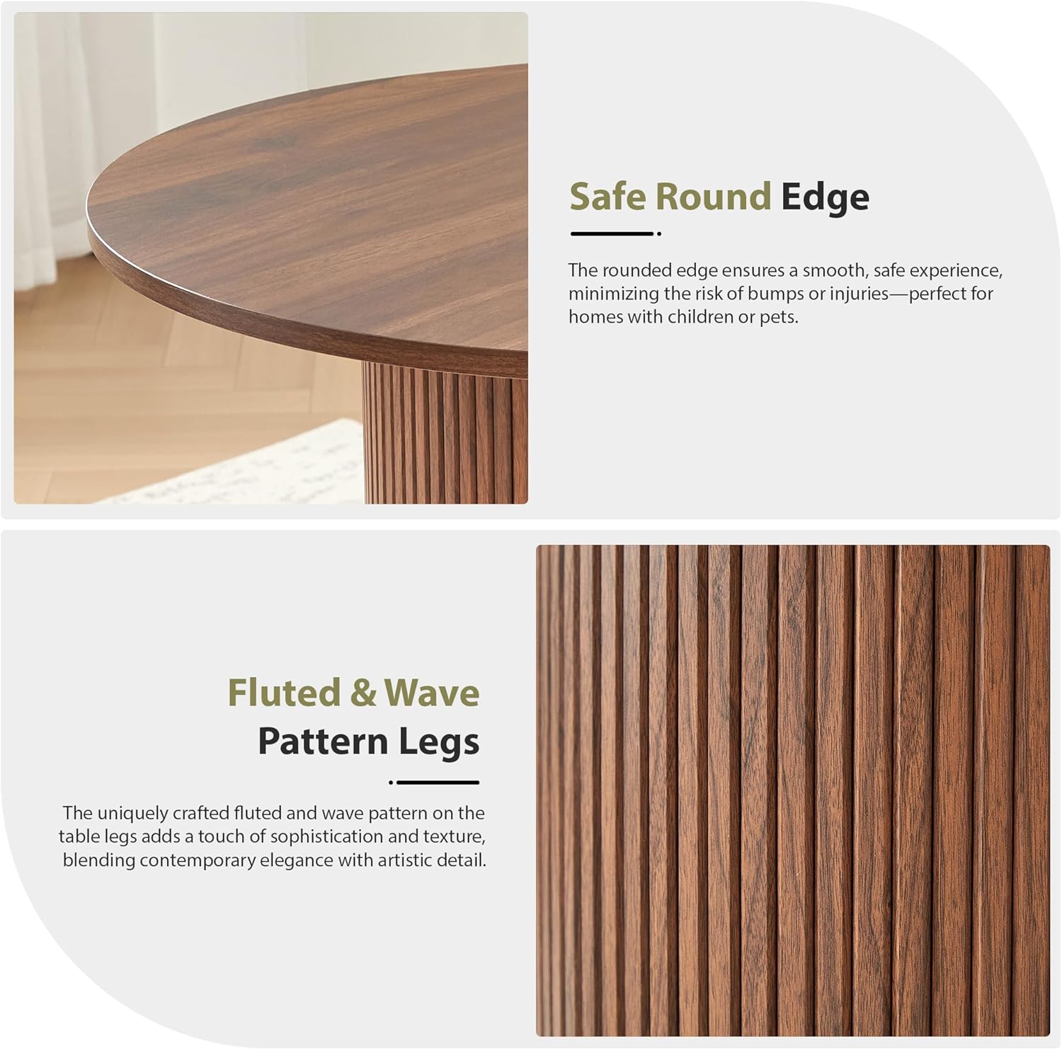 31.5' Round Dining Table for 2-4, Modern Farmhouse Kitchen Table with 2-Tier Storage Shelf, Small Wooden Circle Dining Tables with Fluted Base for Home Dining Room Living Room (Walnut)