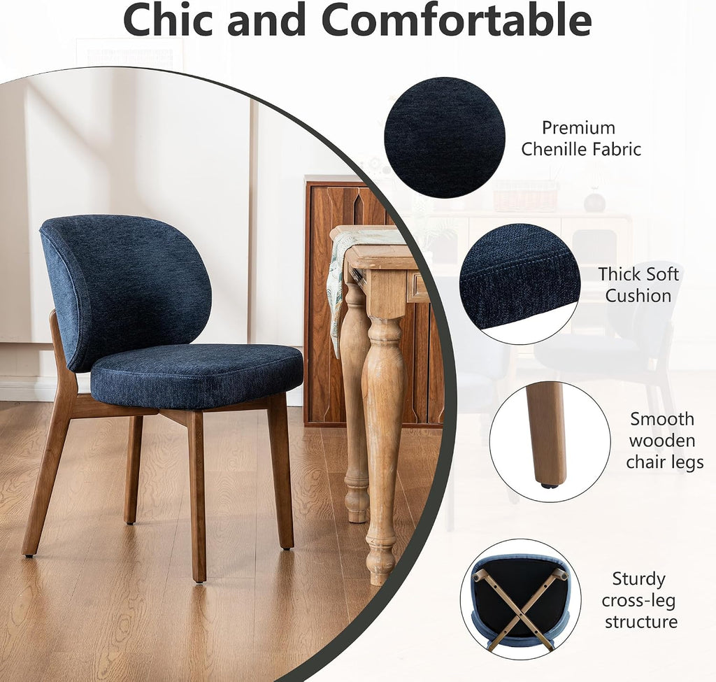 YOUNIKE Dining Chair with Back Single Mid Century Modern Kitchen Chair Boucle Fabric Upholstered Armless Chair 20' Wide Padded Seat with Wooden Legs for Kitchen Dining Living Room Bedroom Navy Blue