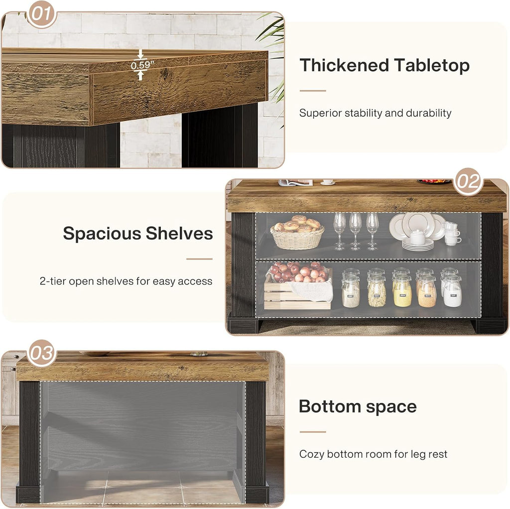 Tribesigns Kitchen Island with 3 Shelves, 55 Inches Width Kitchen Shelf with Large Worktop, Stable Wooden Structure, Farmhouse Style, Easy to Assemble, Black and Brown