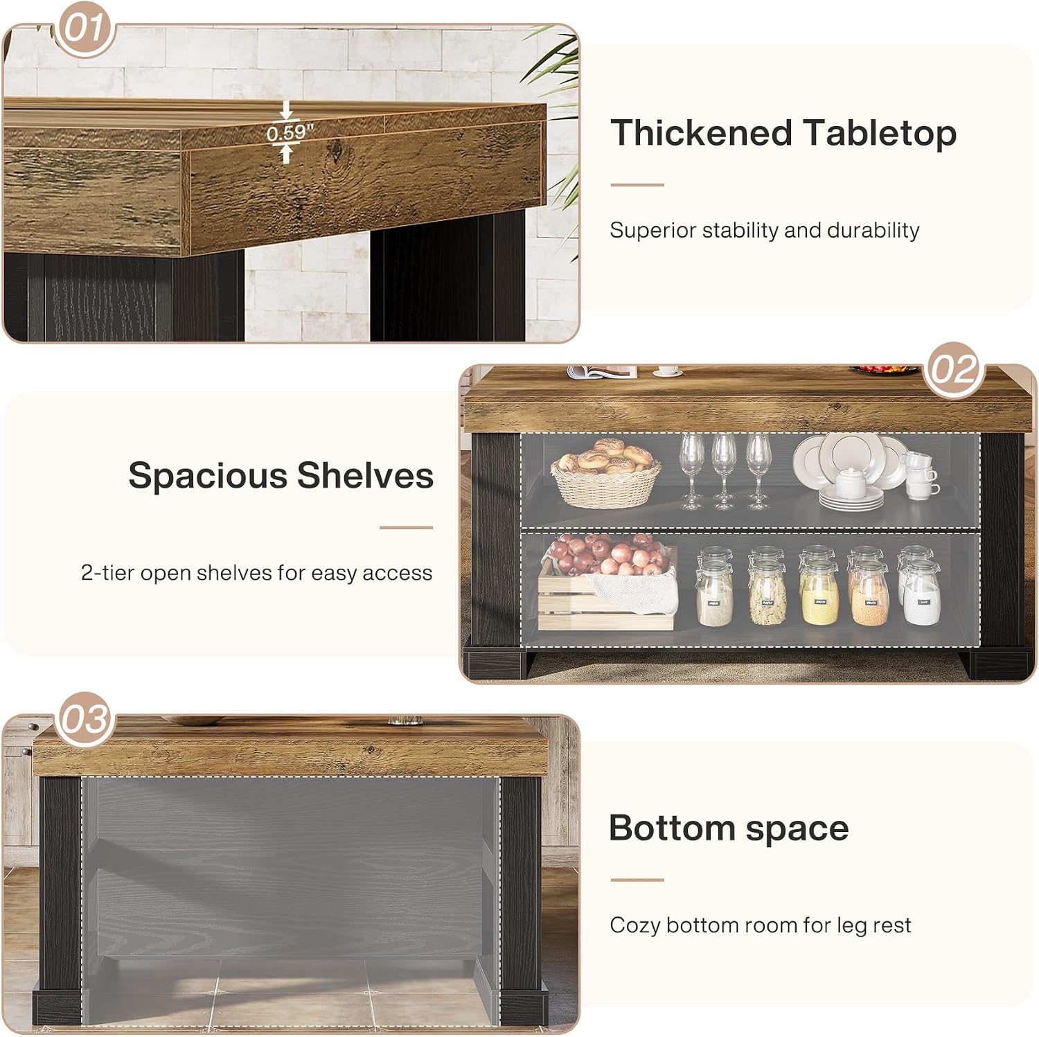 Tribesigns Kitchen Island with 3 Shelves, 55 Inches Width Kitchen Shelf with Large Worktop, Stable Wooden Structure, Farmhouse Style, Easy to Assemble, Black and Brown