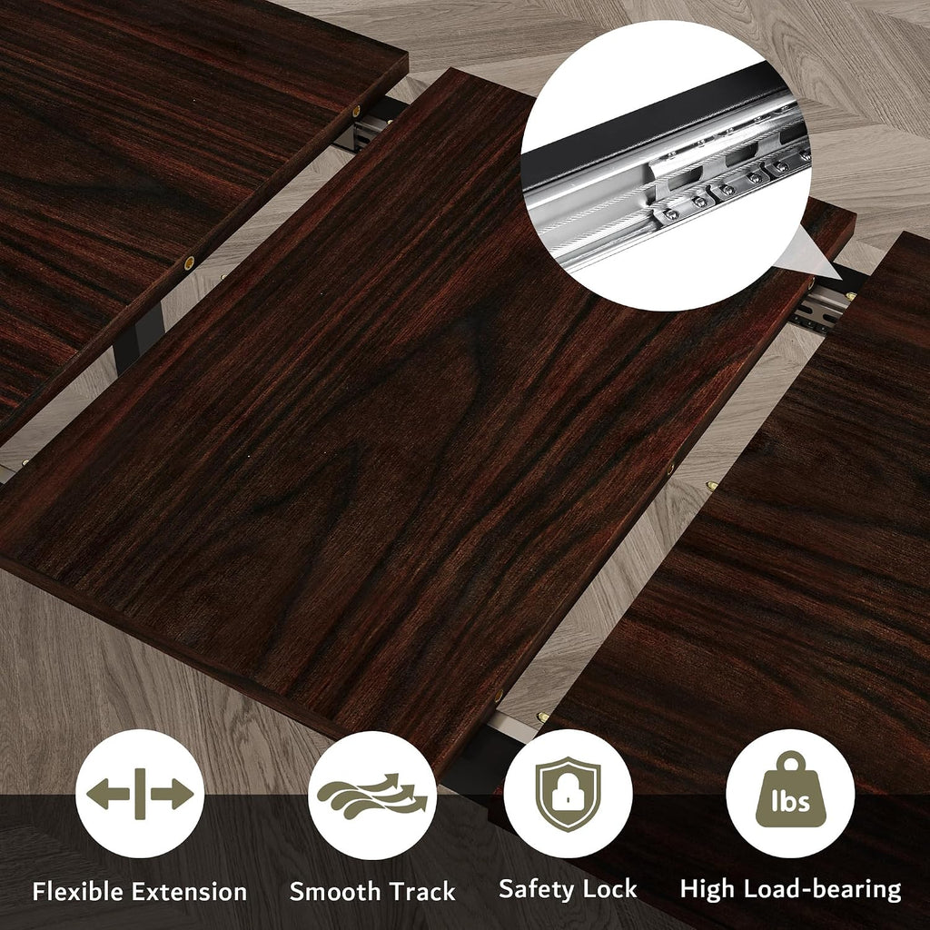 iPormis 5-Piece Dining Table Set for 4-8 People, Extendable Kitchen Table Set with 2 Benches and 2 Square Stools, Mid-Century Dining Room Table with Metal Frame & MDF Board, Saving Space, Espresso