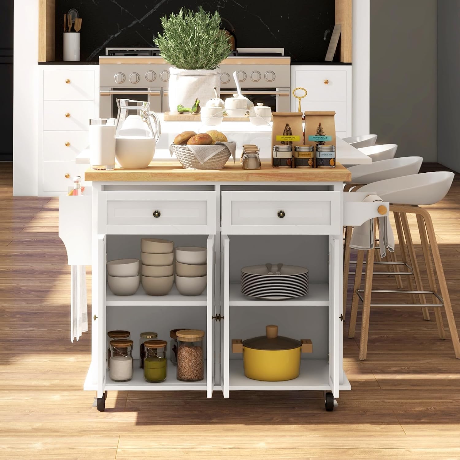 HOMCOM Kitchen Island Cart with Solid Wood Top, 44' Mobile Kitchen Island Table on Wheels with Storage Cabinets, 2 Drawers, Adjustable Shelves, Spice Rack & Towel Bar for Dining Room, Cream White