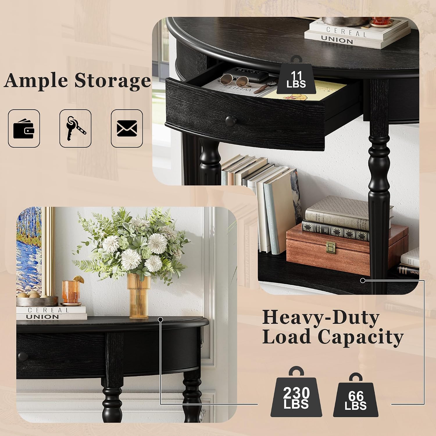 LKTART Farmhouse Half Moon Console Table with Solid Pinewood Frame and Legs,Modern Entryway Table,Small Sofa Table Behind Couch for Living Room,Hallway,Foyer (Black,39')