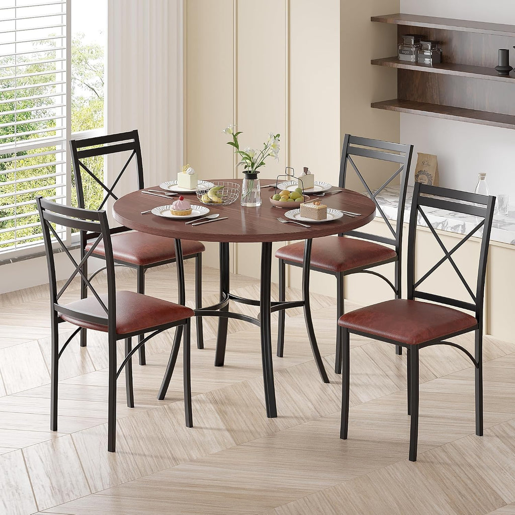 VECELO 5 Piece Dining Table Set for 4, Wood Grain Dinette with Chairs for Kitchen, Breakfast Nook, Small Space, Dark Brown