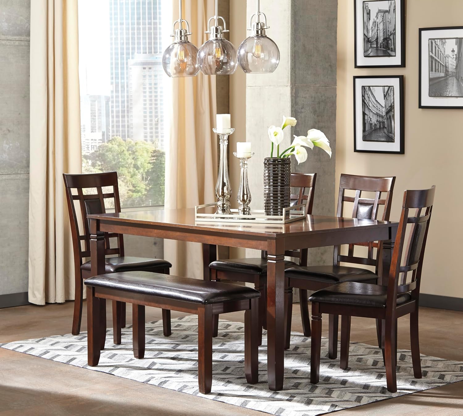 Signature Design by Ashley Bennox 6 Piece Dining Set with Upholstered Bench, Table & 4 Upholstered Chairs, Seats 6, Wood, Brown