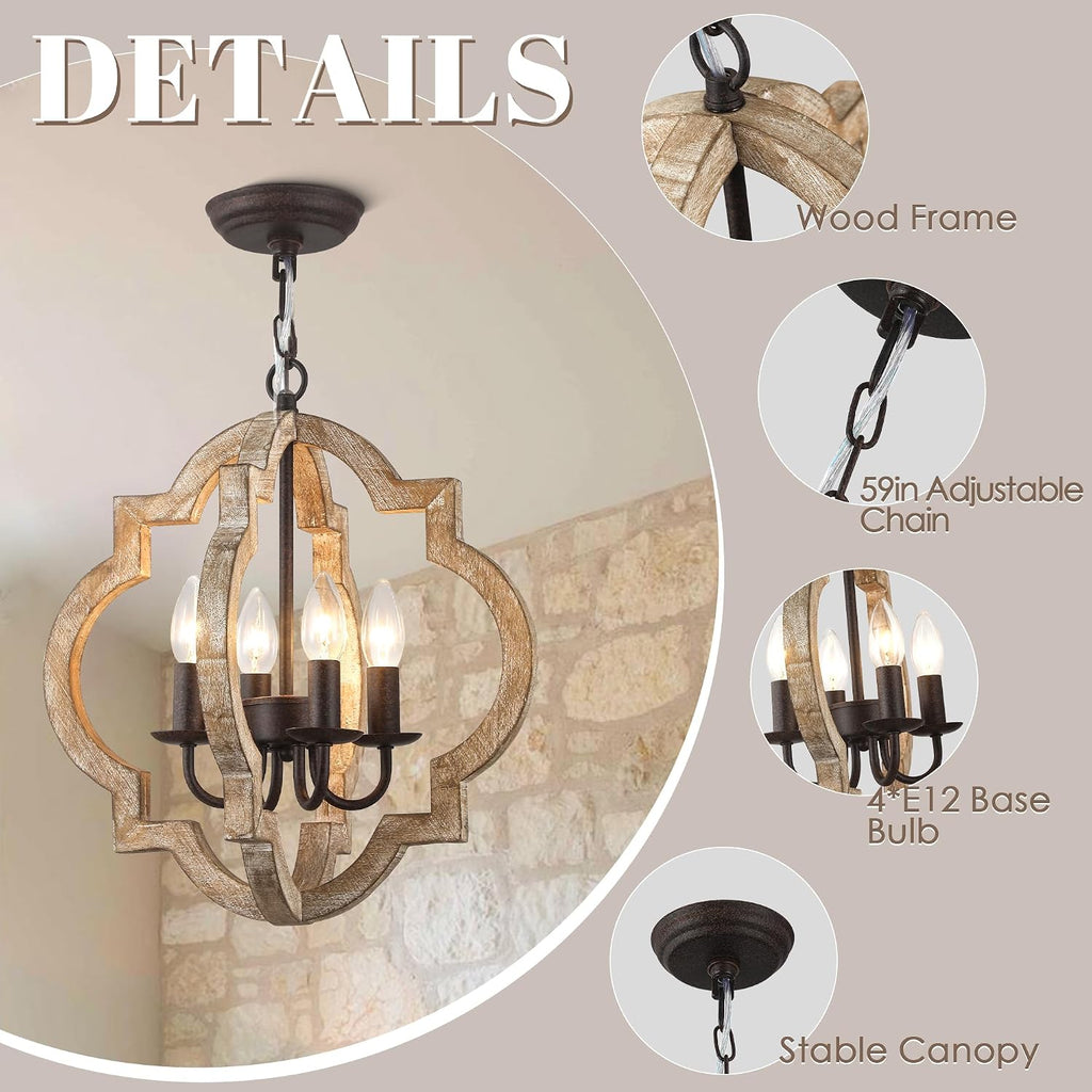 16 Inch Farmhouse Chandelier for Dining Room French Country Light Fixtures Over Table 4-Light Rustic Orb Wood Chandelier for Kitchen Hallway Foyer Entryway Bedroom