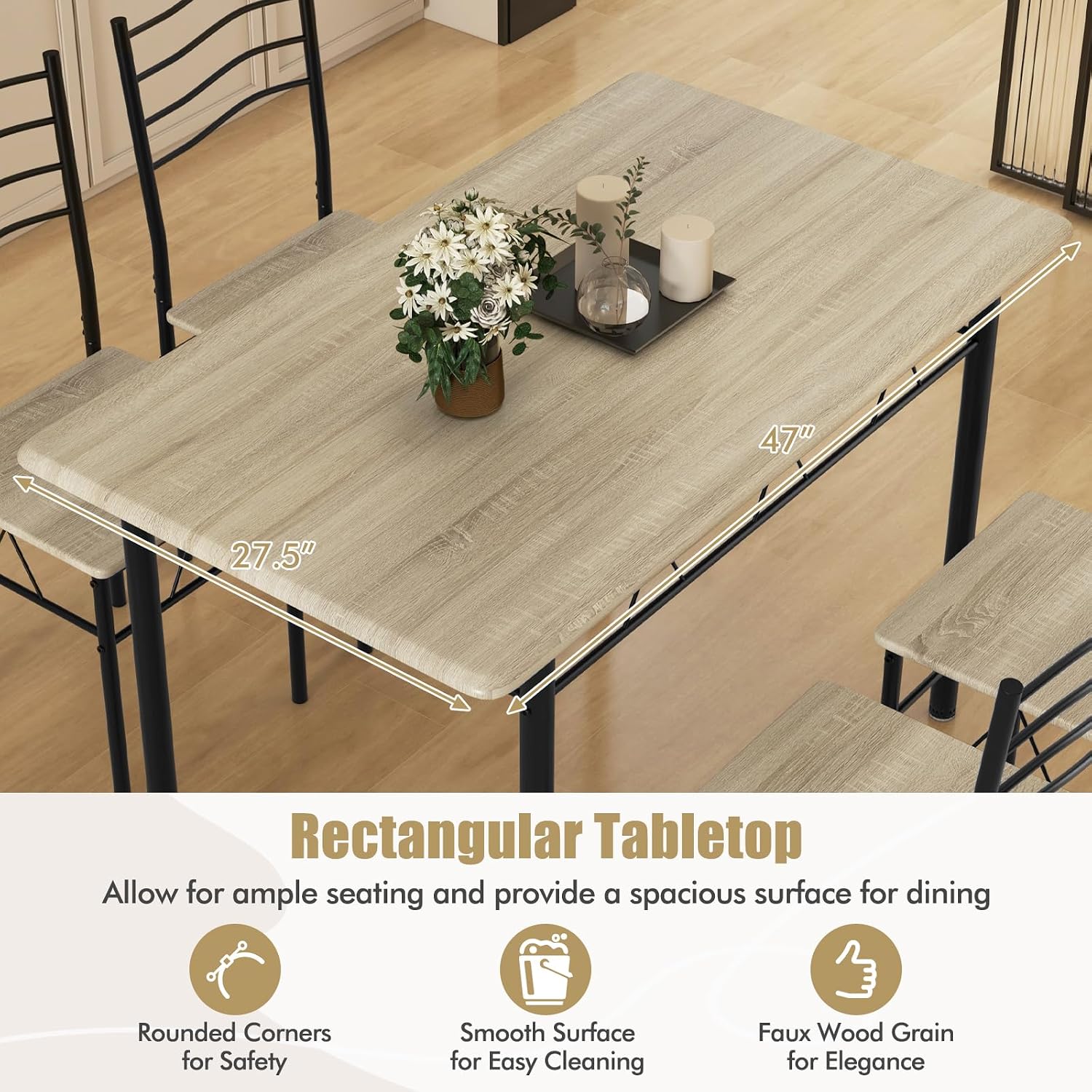 Giantex 47-inches Dining Table Set for 4, Rectangular Kitchen Table with 4 Dining Chairs, Metal Frame, 5-Piece Space-Saving Dinette Set for Small Space, Dinner, Breakfast Nook, Apartment