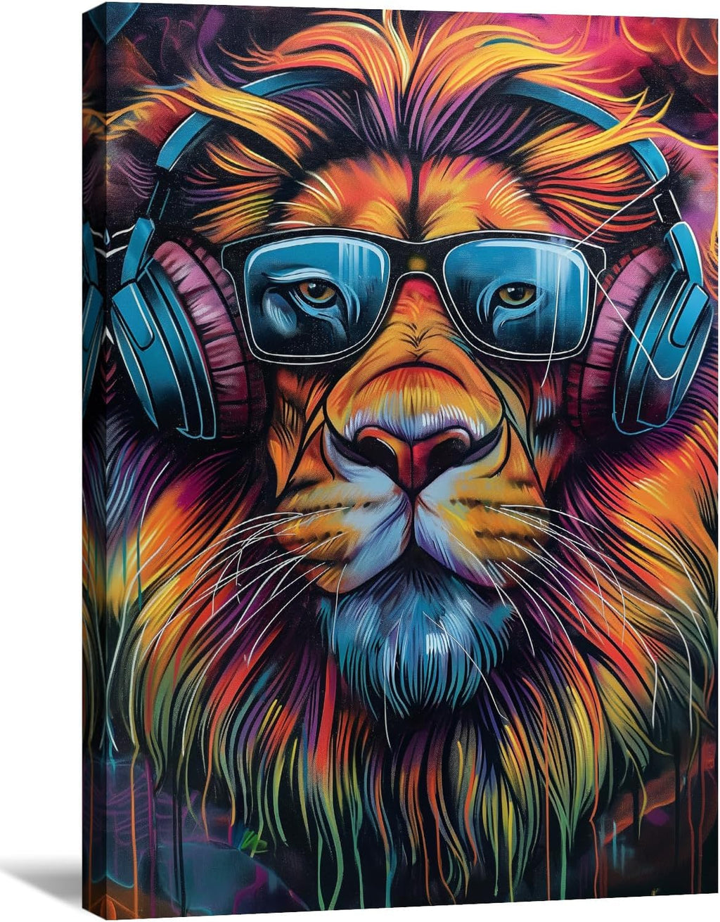 KPLUNDO Canvas Wall Art Lion Wall Decor Graffiti Picture Funny Animal Listen to Music Painting Colorful Poster for Living Room Bedroom Home Office Decor Gallery Wrapped(Art-2,28.00x42.00 inch)
