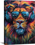 KPLUNDO Canvas Wall Art Lion Wall Decor Graffiti Picture Funny Animal Listen to Music Painting Colorful Poster for Living Room Bedroom Home Office Decor Gallery Wrapped(Art-2,28.00x42.00 inch)