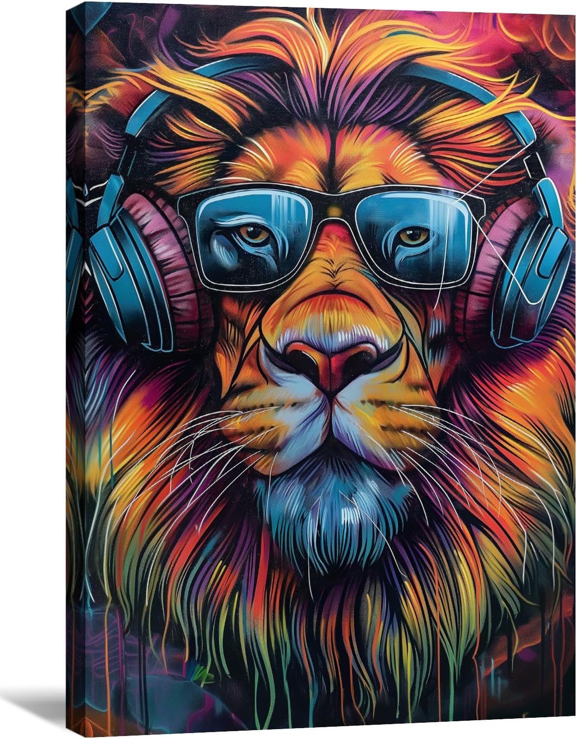 KPLUNDO Canvas Wall Art Lion Wall Decor Graffiti Picture Funny Animal Listen to Music Painting Colorful Poster for Living Room Bedroom Home Office Decor Gallery Wrapped(Art-2,28.00x42.00 inch)