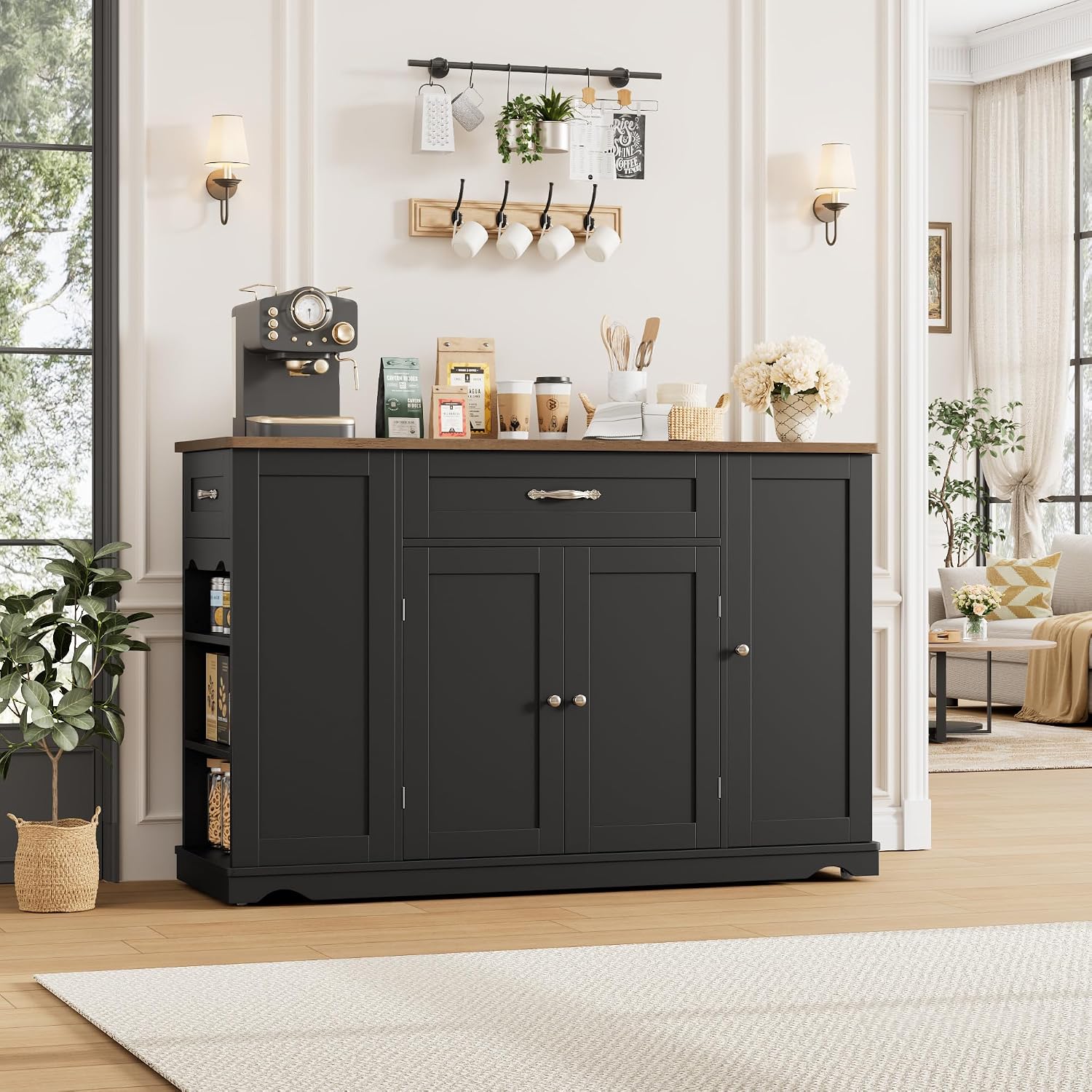 HOSTACK Kitchen Island Cart with Storage, 47'' Kitchen Storage Island on Wheels with 2 Drawers, Rolling Island Table with Adjustable Shelves, Mobile Buffet Sideboard Cabinet for Dining Room, Black