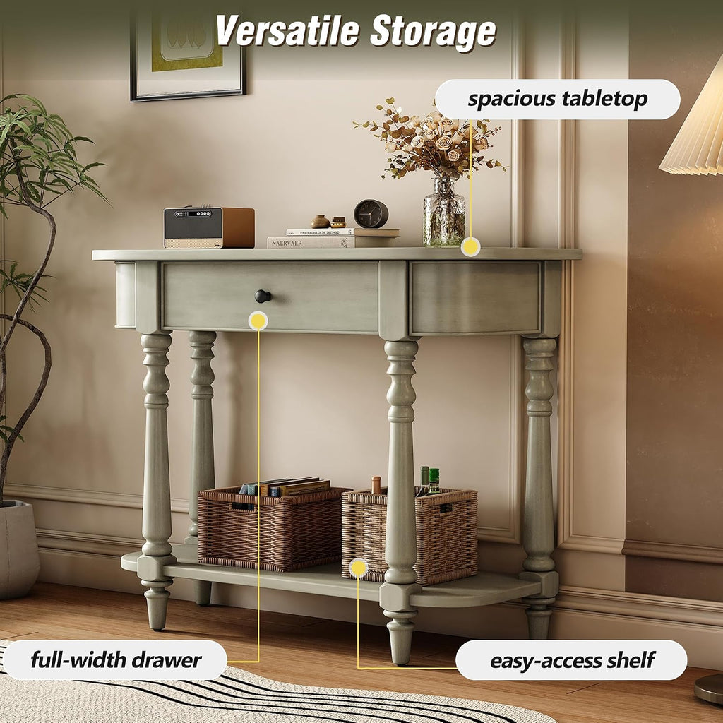 LKTART Small Entryway Table with Solid Wood Frame and Legs,2 Tier Farmhouse Console Table with Open Shelf for Hallway,Couch Table Behind Sofa for Living Room,Hallway,Foyer(Gray 36')