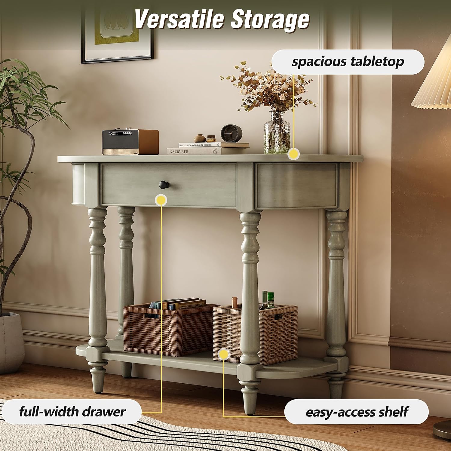 LKTART Small Entryway Table with Solid Wood Frame and Legs,2 Tier Farmhouse Console Table with Open Shelf for Hallway,Couch Table Behind Sofa for Living Room,Hallway,Foyer(Gray 36')