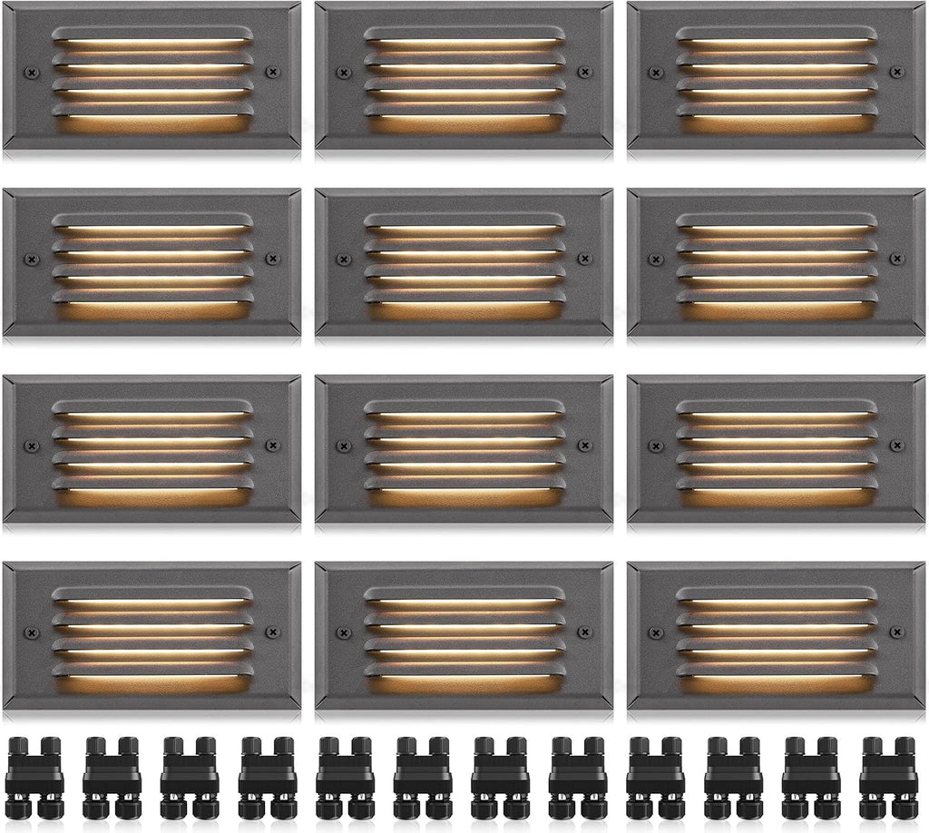 SUNVIE Low Voltage Step Lights Outdoor 5W LED Stair Lights with Horizontal Louver Faceplate Deck Lights for Steps Stairs Fences 12V 3000K 3.2FT ETL Listed Wire, Fastlock2 Connectors Included, 12 Pack