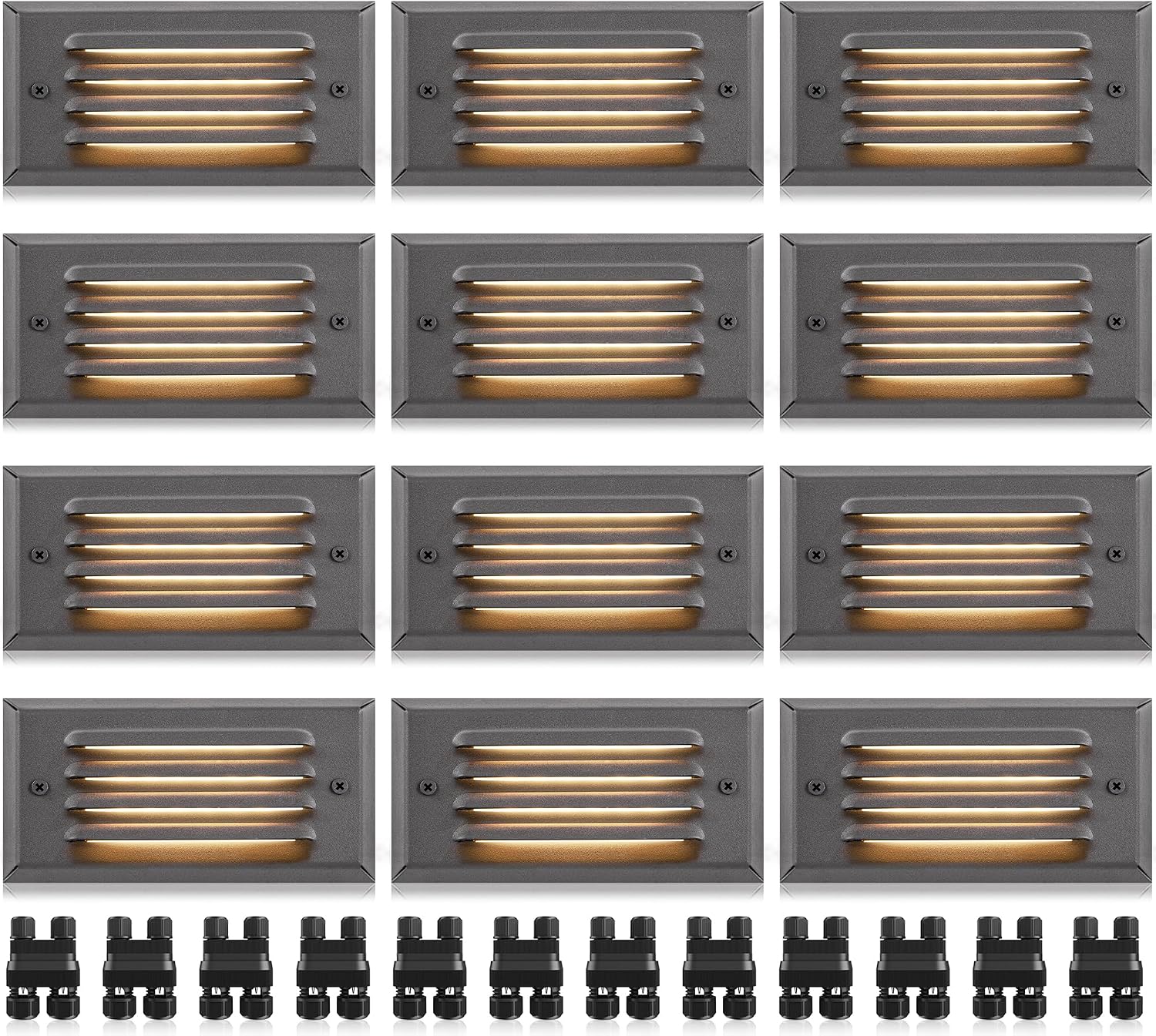SUNVIE Low Voltage Step Lights Outdoor 5W LED Stair Lights with Horizontal Louver Faceplate Deck Lights for Steps Stairs Fences 12V 3000K 3.2FT ETL Listed Wire, Fastlock2 Connectors Included, 12 Pack