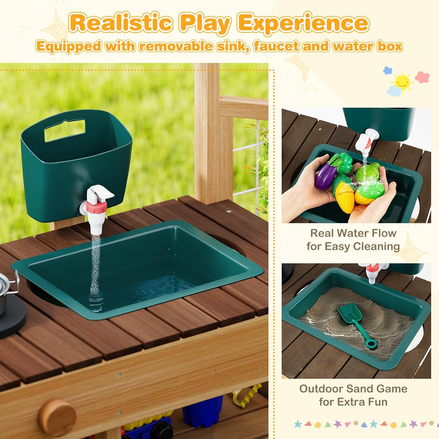 HONEY JOY Mud Kitchen, Cedar Wood Pretend Play Kitchen for Toddlers, Plant Growing Box & Trellis, Real Faucet w/Running Water, Sink, Accessories, Outdoor Kids Kitchen Playset for Garden Fun(Natural)