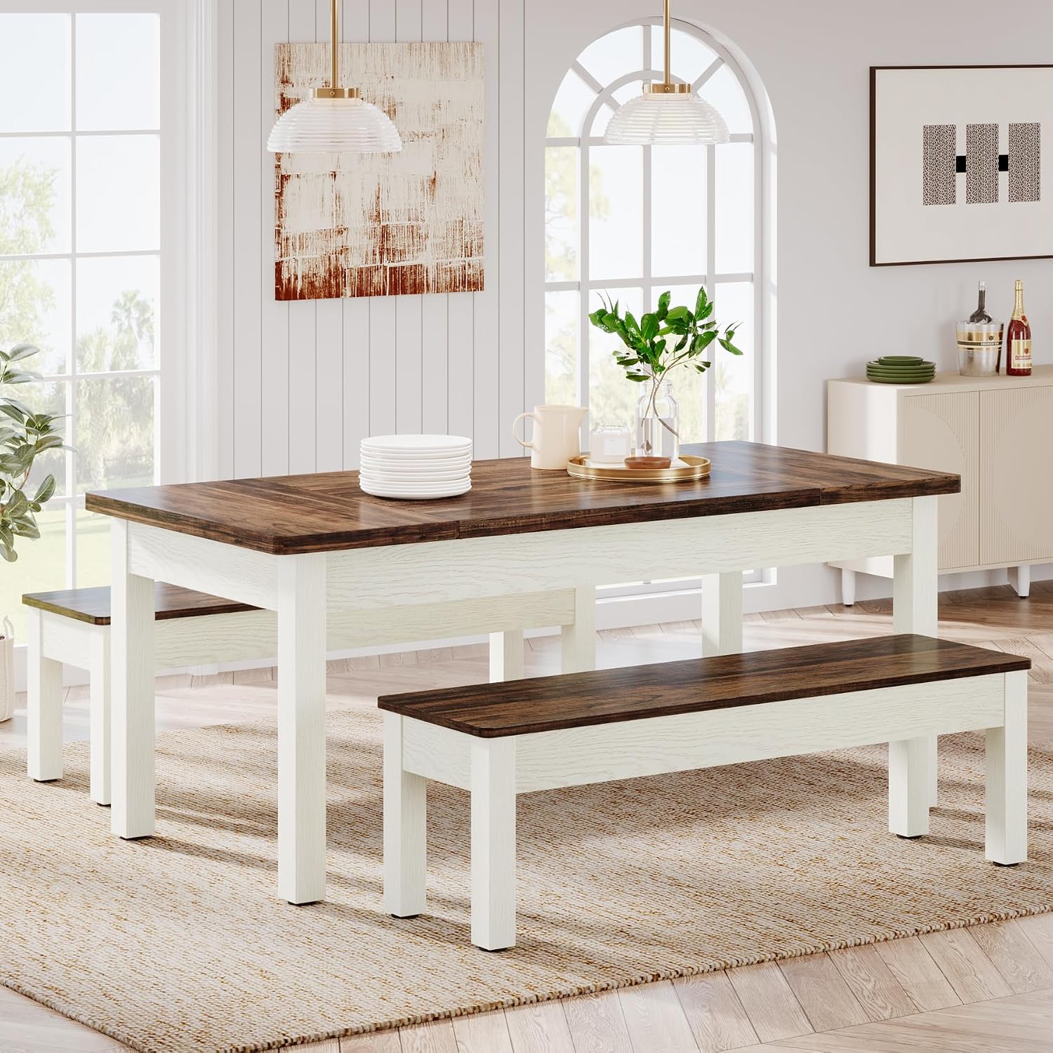 Tribesigns Farmhouse Kitchen Table Set for 4-6, 55-Inch Wooden Dining Table with 2 Benches, Space Saving 3 Pieces Heavy Duty Dinette for Dining Room, Kitchen, Small Space