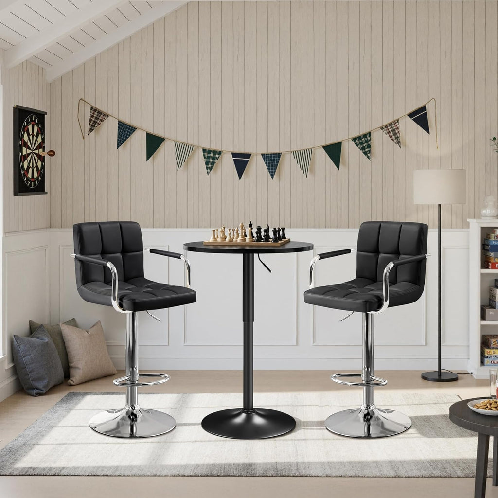 Yaheetech 3-Piece Bar Table Set, Round Bar Table and PU Leather Adjustable Swivel Chairs, Modern Counter Height Table Set with 2 Bar Stools for Kitchen, Full Black